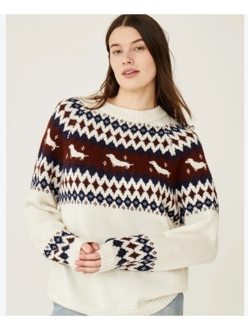 NWOT Rachel Antonoff Alpaca Wool Hot Dog Dachshund cream fairisle sweater S